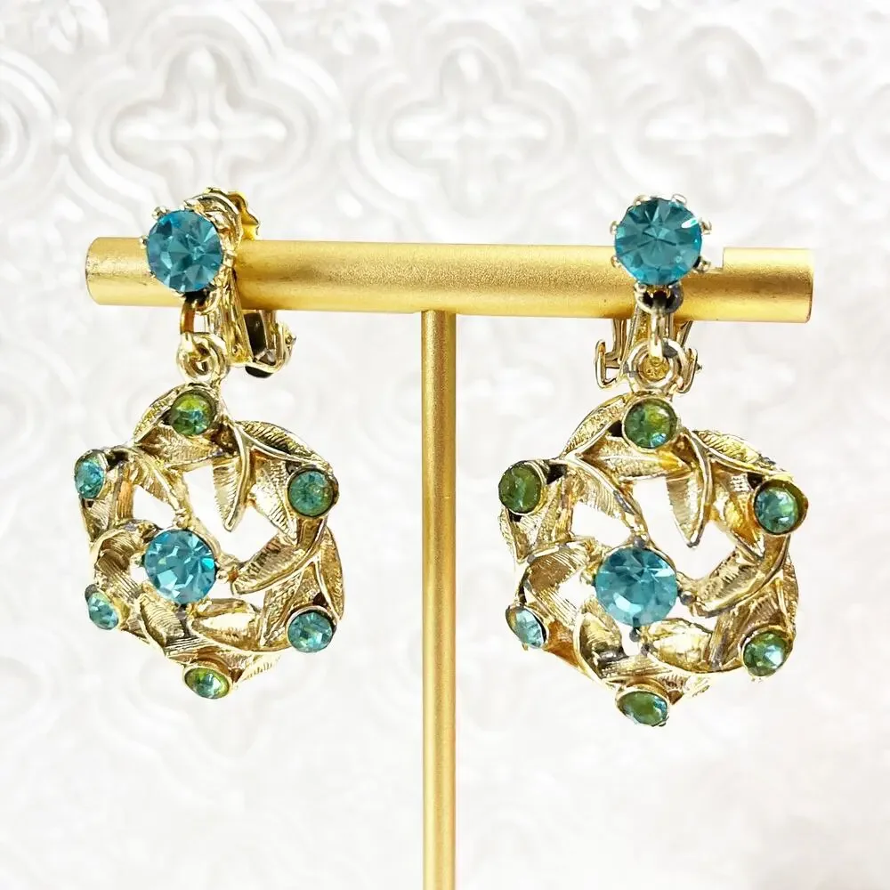 Vintage Teal Blue & Gold Tone Clip Drop Earrings
